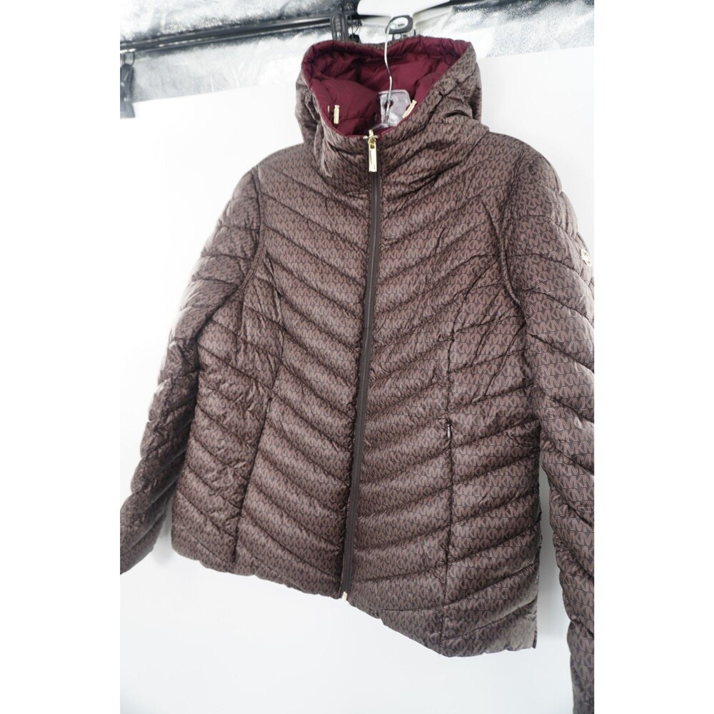 Michael Kors MK Women's Size M Reversible Monogram/Burgundy Puffer Hooded Jacket